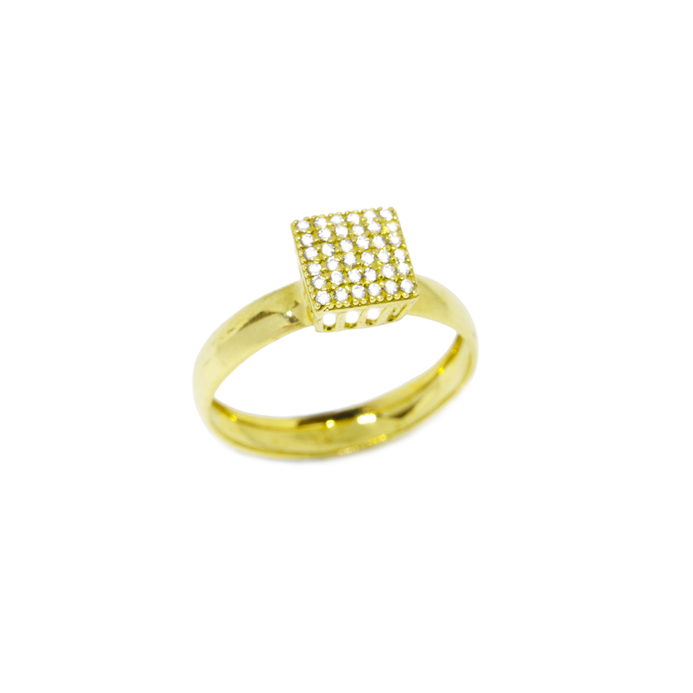 Anel Solit�rio Quadrado com Zirc�nias em Ouro 18 Kilates � 25351